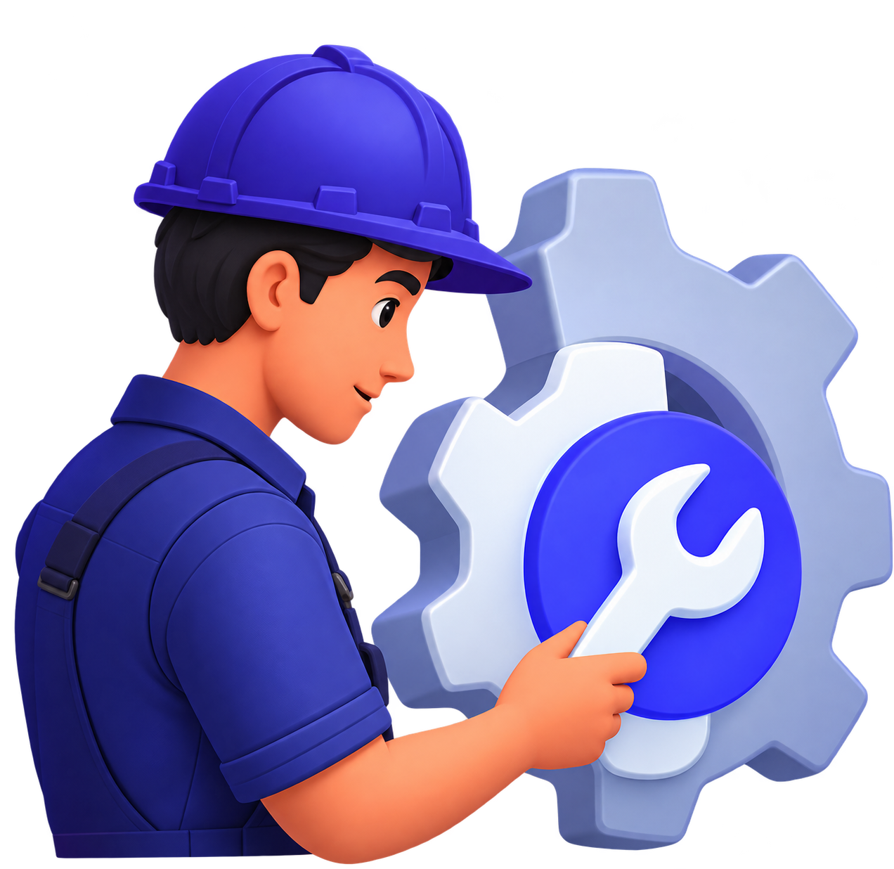 Técnico ajustando un engranaje azul